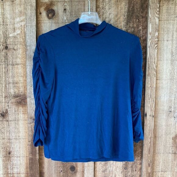 As Is" Dennis Basso Slate Blue Soft Touch Mock Neck Top with Ruched Sleeves - Picture 2 of 8